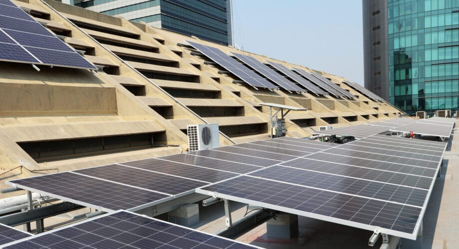 Solar PV System on Concrete Roof Deck Front View Green Energy Photovoltaic System